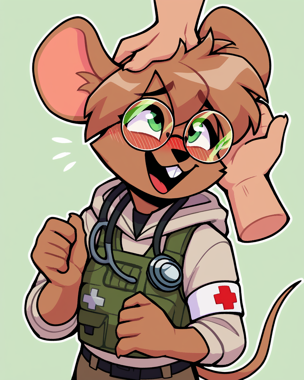 score_9_up, score_8_up, score_7_up, score_6_up, by remanedur, furry female, half-length portrait, mouse, green eyes, body armor, round glasses, stethoscope, brown hair, armband, tail, brown fur, black thigh highs, buckteeth, gloves, medic, cargo shorts, embarrassed, blush, looking up, head tilt, petting, petting head, head pat, white disembodied hand, white humanoid hand, hoodie, uniform, short hair, happy, smile, laugh, open mouth,  solo, three-quarter view, simple background, white outline <lora:Leah_Pines(AIM)_XL_v1:0.15> <lora:PDXL_artist_tags_v2_big:0.5> <lora:The-Minuscule-Task_PDXL_v1.0:0.6>   <lora:Diana_Engel_v2_WirelessShiba:0.65>