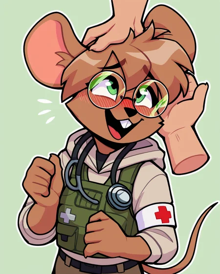 score_9_up, score_8_up, score_7_up, score_6_up, by remanedur, furry female, half-length portrait, mouse, green eyes, body armor, round glasses, stethoscope, brown hair, armband, tail, brown fur, black thigh highs, buckteeth, gloves, medic, cargo shorts, embarrassed, blush, looking up, head tilt, petting, petting head, head pat, white disembodied hand, white humanoid hand, hoodie, uniform, short hair, happy, smile, laugh, open mouth, solo, three-quarter view, simple background, white outline <lora:Leah_Pines(AIM)_XL_v1:0.15> <lora:PDXL_artist_tags_v2_big:0.5> <lora:The-Minuscule-Task_PDXL_v1.0:0.6> <lora:Diana_Engel_v2_WirelessShiba:0.65>