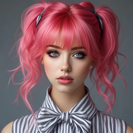 bellissima 1girl, solo, long hair, looking at viewer, bangs, shirt, bow, upper body, pink hair, hair bow, sleeveless, striped, nail polish, lips, head tilt, grey eyes, eyelashes, makeup, lipstick, striped shirt, realistic
