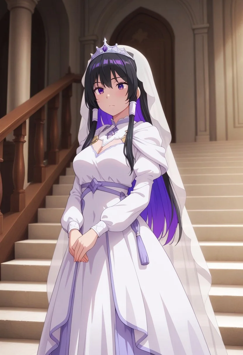 masterpiece,best quality,amazing quality, tinasha, black hair, long hair, purple hair, colored inner hair, purple eyes, 1girl, solo, veil, tiara, stairs, hair tubes