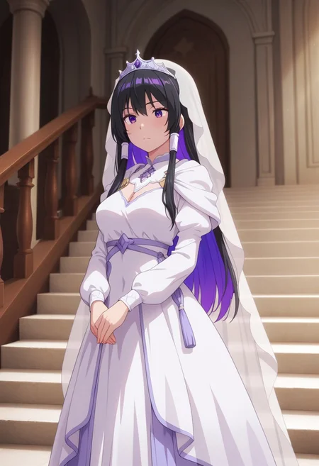 masterpiece,best quality,amazing quality, tinasha, black hair, long hair, purple hair, colored inner hair, purple eyes, 1girl, solo, veil, tiara, stairs, hair tubes