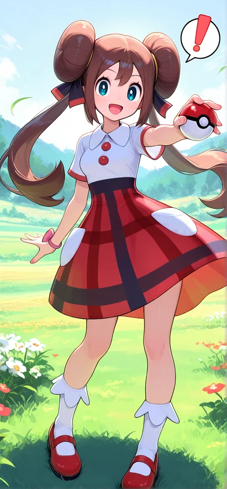 2d, masterpiece, best quality, amazing quality, 1girl, solo, close-up, standing, open mouth, smile, exclamation mark, stretched arm, full body,holding pokeball, looking at viewer, meadow, day,rosalnb,[rosa_\(pokemon\)],brown_hair,blue_eyes,hair_ribbon,double_bun,twintails,dress,collared_shirt,white_shirt,red_skirt,multicolored_clothes,short_sleeves,red_buttons,white_pockets,pink_bracelet,ribbon_bracelet,knees,white_socks,red_footwear,mary_janes