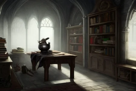 medieval, interior, medieval interior, wooden interior, table, chair, big black cauldron, shelves, books, scrolls, window covered with thin see-through animal hides, (jars filled with mysterious ingredients for brewing potions with:0.4), herbs, a small pestle and mortar, 
HD, very detailed, ambient lighting,
<lora:more_details:1> <lora:Bloodborne:0.25> ,   <lora:FantasyInteriors:0.4> fanint <lora:FantasyStudy:0.4> fanstu