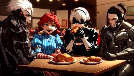 score_9, score_8_up, score_7_up, source_anime, indoors, table, restaurant, kfc, chicken \(food\), sitting, 4people, around table,
BREAK 1boy, RaidenMGRDef, <lora:RaidenMGR_XLPD-000006:1>, cyborg, bodysuit, eyepatch, expressionless, white hair, 
BREAK wendy \(wendy's\), wendy's, happy, seductive smile, 1girl, red hair, 
BREAK 2b \(nier:automata\), nier:automata, 1girl, blindfold, black dress, eating, white hair, large breasts, 
BREAK 1boy, JetstreamSam, headgear, cyborg, bodysuit, beard, <lora:JetstreamSam_XLPD:0.85>, smirk, laughing,