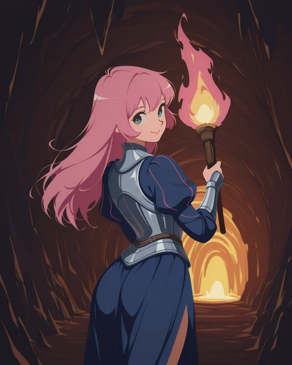 masterpiece,best quality,higres illustration,detailed face,1girl,fantasy,<lora:minimaltoon_IL:1>,minimalism,smile,looking back,cowboy shot,pink hair,long hair,holding torch,dress,puffy sleeves,armor,