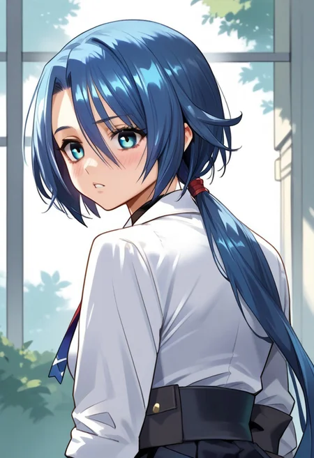 zPDXL3, score_9_up, score_8_up, score_7_up, (Anime_source), 1girl, Zoe, blue eyes, blue hair, long hair, low ponytail, Zoe maid outfit, upper body, looking at viewer, looking back, parted lips, little blush