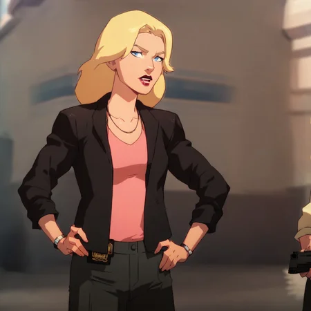 Score_9, score_8_up, score_7_up, MaggieDCAMU, 1girl, solo, lipstick, blonde hair, long hair, blue eyes, jacket, pink shirt, looking at viewer, necklace, pants, standing, hand on hips, gun