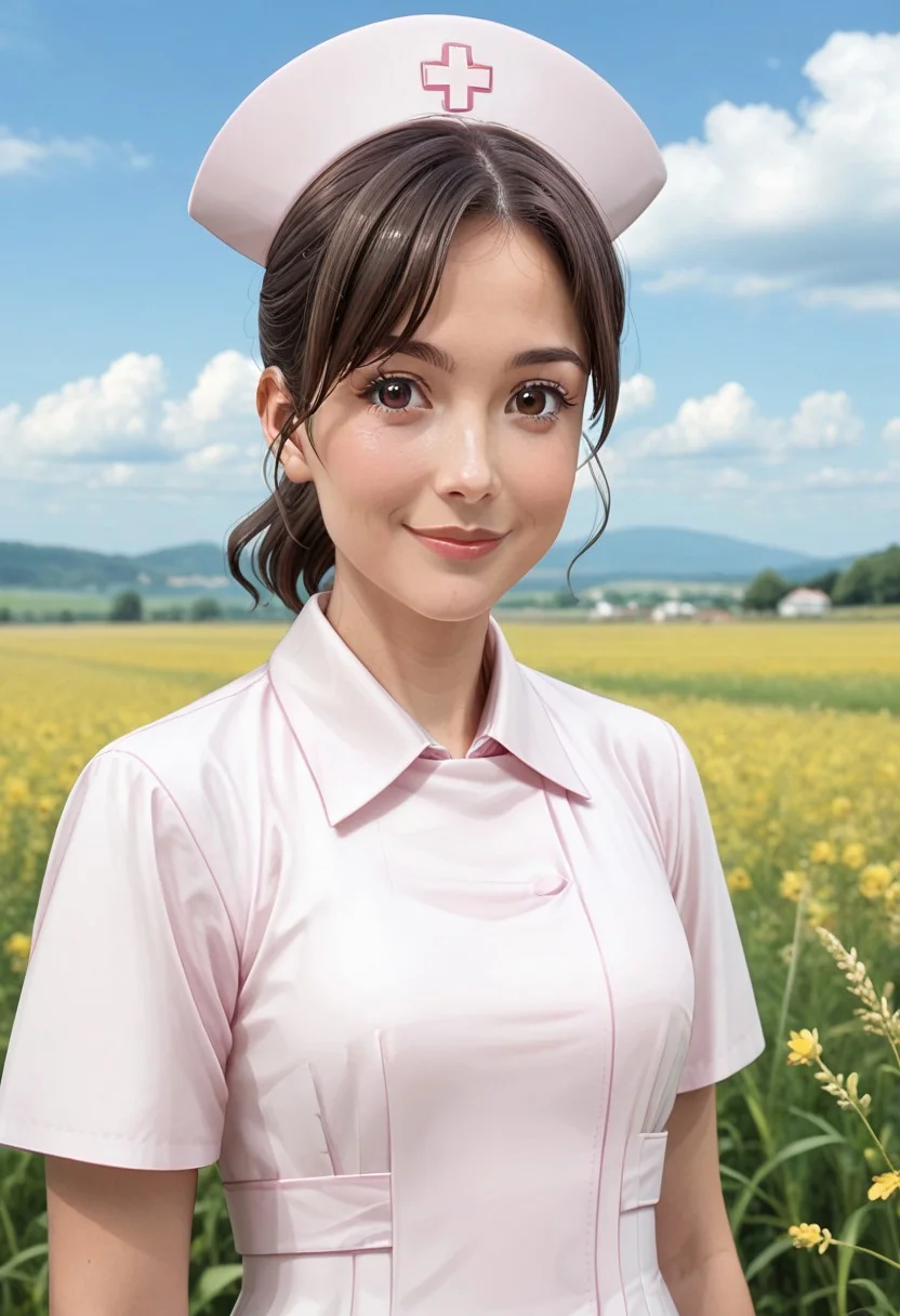 1girl, solo, (field:1.2), (sky:1.2), medium breasts, smile,
tantei1_kangofu, brown eyes, brown hair, ponytail, mature female, nurse cap, nurse, white dress, <lora:tantei1_kangofu_pony_ver2:0.8>, score_9, score_8_up, score_7_up, best quality, uncensored, (upper body:1.2), (close-up:1.4), (facing viewer:1.4),