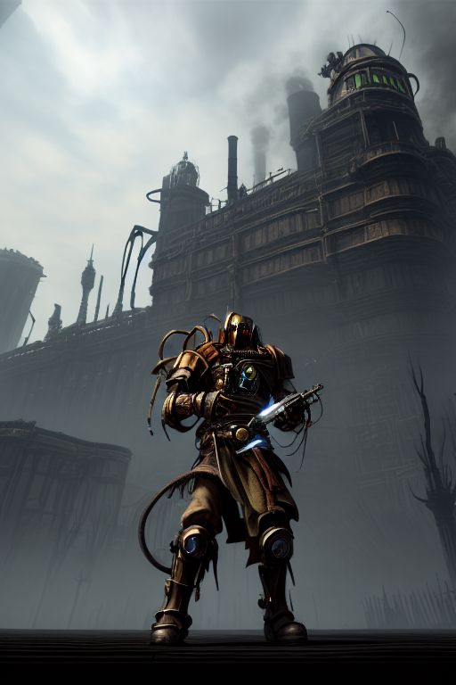 ((masterpiece,best quality)), absurdres, BREAK
mechanical arms, robes, hood, BREAK
((techpriest)), cyborg, mechanical face, mechanical limbs, gas mask, mechanical tentacles, (mechanical backpack), BREAK
1other, solo, holding pistol, firearm, handgun, pistol, gun, BREAK
factory background, smoggy sky, air pollution, smokestacks, BREAK
(DarkSouls Style)