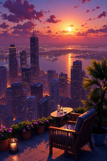 <lora:Vibrantly_sharp_style_v.3:0.8> VibrantlySharp style. 74. A Balcony View at Sunset – A Dreamy Cityscape Bathed in Warm Light