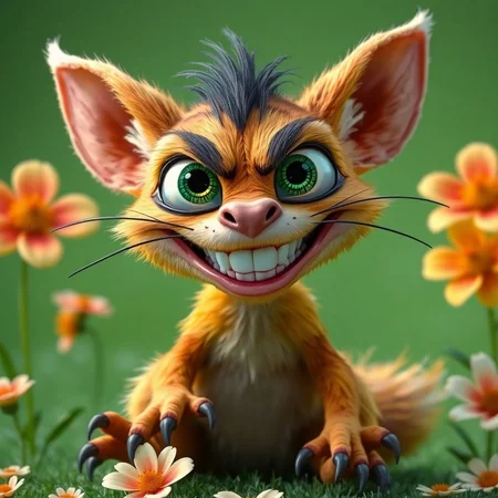 The image shows an exaggerated, cartoon-like creature with large green eyes, sharp teeth, and a wide, mischievous smile. It has a yellowish-brown fur coat, long whiskers, and sharp claws, with a bushy tail. The setting is a simple flowers green background.  highly detailed, high contrast, film grain, Rim Lighting, absurdres, amazing quality,,solo, smile, simple background, animal ears, sitting, tail, full body, teeth, cat ears, grin, cat tail, no humans, cat, sharp teeth, black background, claws, outline, green theme,realistic,, rich vivid colors, fertile, professional creative, dynamic cinematic perfect background, very coherent 