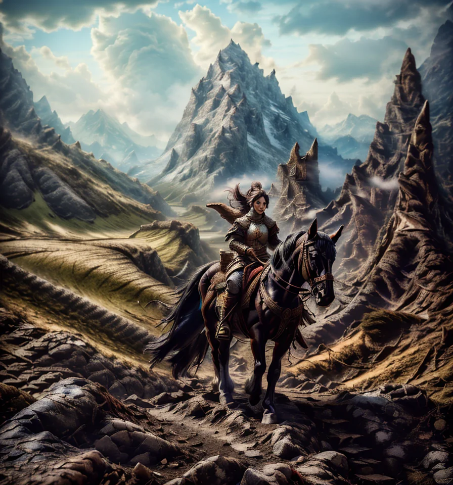 RAW photo, (masterpiece:1.3), subsurface scattering, heavy shadow, (high quality:1.4), (intricate, high detail:1.2), professional photography, HDR, High Dynamic Range, realistic, ultra realistic, photorealistic, high resolution, film photography, ambient lighting, atmospheric effects, <lora:detail_slider_v4:2>, OverallDetail, epic medieval fantasy, day, fanmou, a lone woman traveling through a mountain pass, <lora:riding_a:1>, riding on a horse, <lora:Fantasy_Mountains:1>, epiCPhoto