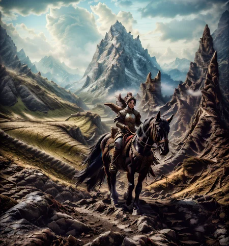RAW photo, (masterpiece:1.3), subsurface scattering, heavy shadow, (high quality:1.4), (intricate, high detail:1.2), professional photography, HDR, High Dynamic Range, realistic, ultra realistic, photorealistic, high resolution, film photography, ambient lighting, atmospheric effects, <lora:detail_slider_v4:2>, OverallDetail, epic medieval fantasy, day, fanmou, a lone woman traveling through a mountain pass, <lora:riding_a:1>,  riding on a horse, <lora:Fantasy_Mountains:1>, epiCPhoto