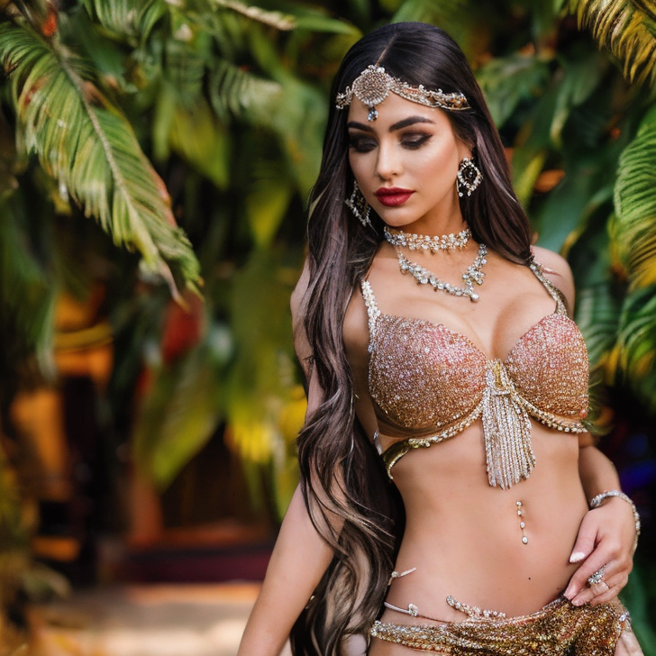 (masterpiece:1.2), (best quality,:1.2), 8k, HDR, ultra detailed, ((photorealistic)), perfect anatomy, professional light, cinematic lighting, fashion photography, ambient lighting,<lora:detail_slider_v4:2.5>, Melissa, <lora:Melissa-10:1>, earrings, dark makeup, as exotic dancer, (full body shot), wearing intricate FanDan costume, necklace, belly chain, headpiece, <lora:FantasyDancer-10:0.6>, seductive pose, epiCPhoto