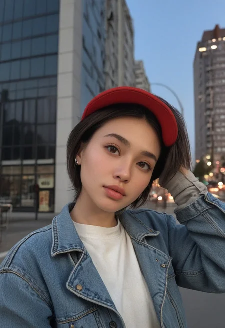 30yo woman posing for pic in front of tall building.
Small eyes. Brown eyes.
Wearing ripped Denim jacket red hat
no makeup. Clear skin. realistic skin style
Long dark black slick back hair. No makeup. Dusk, Street light. Looking at camera POV. Slight smile, tilting head.. Tilt head. Hands in head, face, lips.
Medium Close Up shot. Bokeh. Bokeh light.