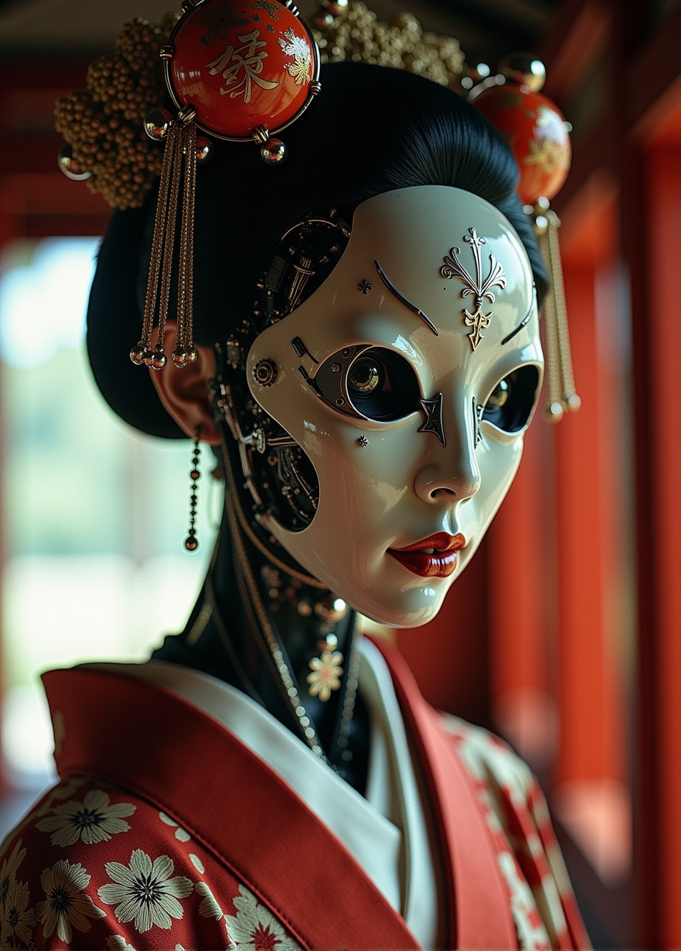 <lora:ck-Neurocore-Realistic-Cyborgs:1> woman Geisha is an android, the plastic cyborg mask is open, the mechanical parts of the robot are visible inside, the android is very sinister and dangerous, from the epic movie Ghost in Armor, erie japanese teahouse background, (style by George Shaw), shallow depth of field, vignette, (Fujicolor Superia X-TRA 400),