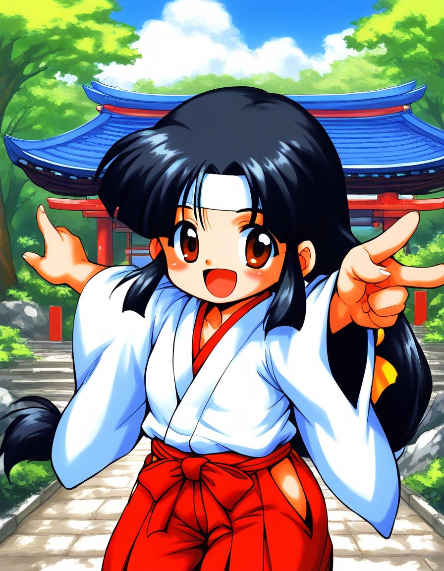 score_9, score_8_up, score_7_up, source_anime, rating_explicit, BREAK  <lora:Sayo-chan_TsukiyoSoushi_XL:0.9> Sayo-chan_TsukiyoSoushi, long hair, black hair, white headband, brown eyes, low-tied long hair, parted bangs, short stack,
japanese clothes, solo, ofuda, open mouth, red hakama, hakama,  wide sleeves, skirt, long sleeves, 
looking at viewer, smile,
scenery, outdoors, architecture, east asian architecture, sky