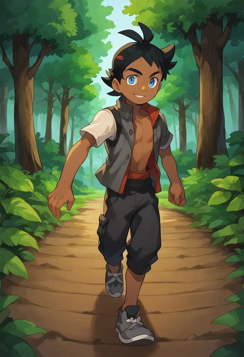 Safe_pos, 8k, score_9, score_9_up, score_9_up, portrait, ((masterpiece)), ((best quality)), ((ultra-detailed)), ((absurdres)), HD, top quality, best quality, amazing quality, High-quality illustrations, dynamic angle, source_anime, best aesthetic, perfect proportions, perfect eyes, perfect anatomy, thick outline, black outline, full body, dynamic pose, male focus, 1boy, (masterpiece), solo, Goh, black hair, blue eyes, dark skin, gray open shirt, black open pants, grey shoes, smile, walking, forest pathway, sunny day, adult, grown up, TAKK, Draugnut, Draugnut style, Big feet, VonBoche