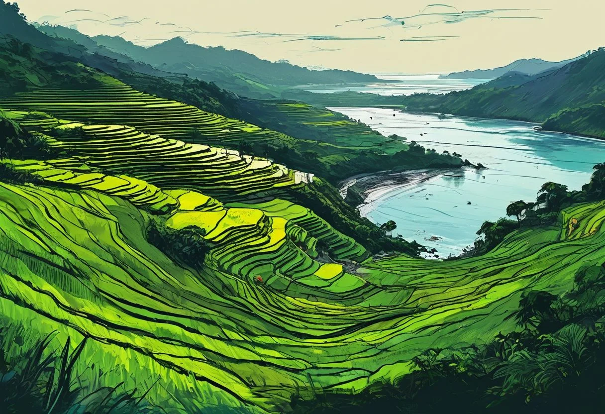 island landscape concept art, ((Philippines rice terraces)), coast, ((ocean)), ((battlefield, war, explosions, concrete bunkers)), green and blue tones, black tones, dark tones, scifi features, deep shadows, ((graphic novel sketch, black sketch lines, low-key cinematic lighting, thick ink outlines, digital oil painting, posterized, cel shading, vector illustration, tenebrism, bold brush strokes, subtle colors))