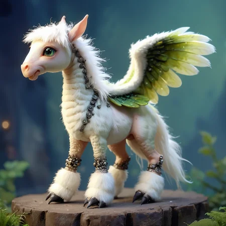 masterpiece, best quality, ArsMJStyle, Small Carnivorous Scaled Industrial Equine spirit, Legless Quadrumanual, Four-Fingered Hands, Short-Tailed, Wooly Fur, elongated ears, Fairy Wings, . <lora:ArsMJStyle_-_CuteSDXL:1> , <lora:add-detail-xl:1>