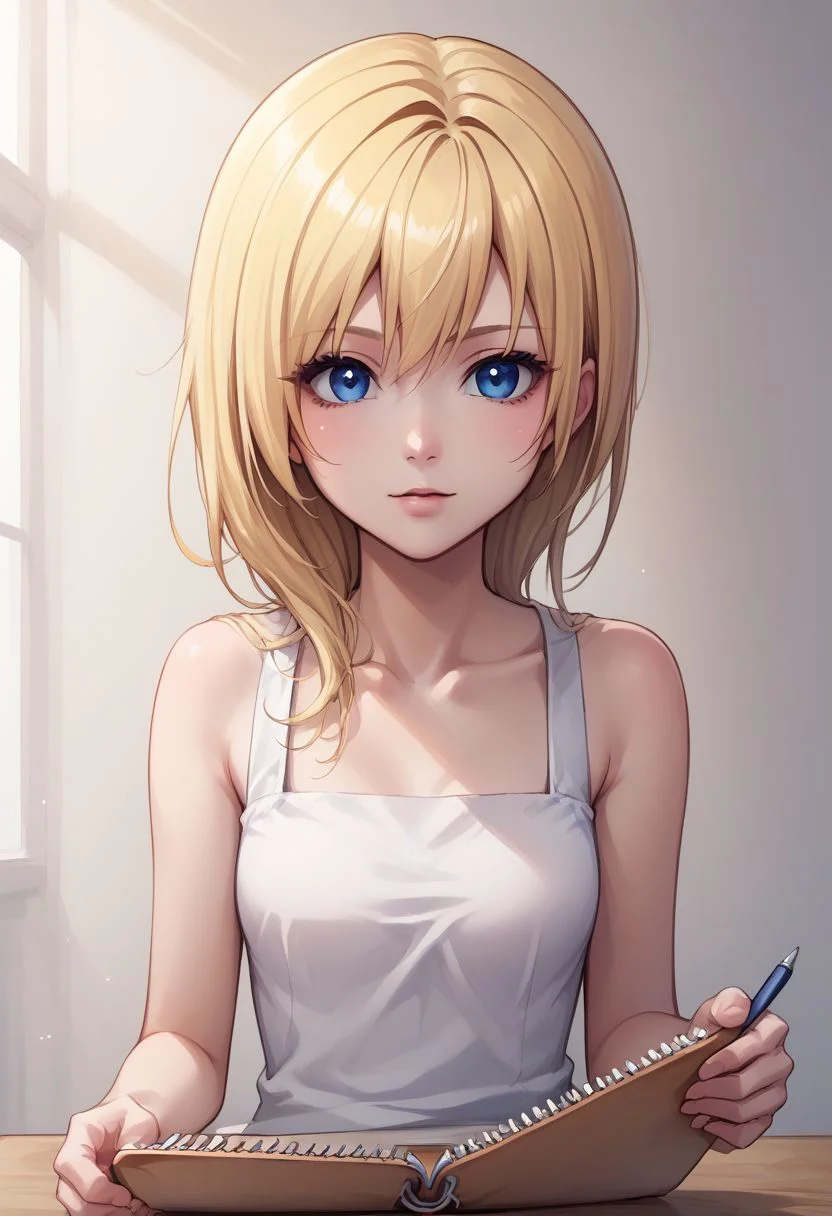 score_9, score_8_up, source_anime, highly detailed, 1girl,
namine, 1girl, solo, blonde hair, blue eyes, long hair, looking at viewer, sketchbook,
bare shoulders, upper body,
indoor,
