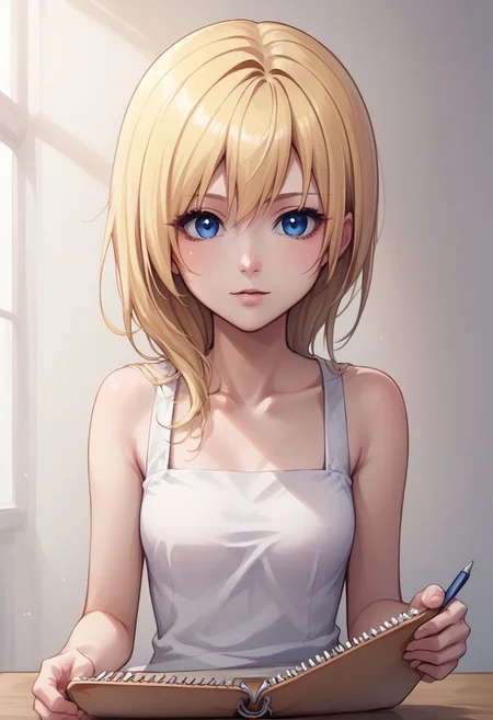 score_9, score_8_up, source_anime, highly detailed, 1girl,
namine, 1girl, solo, blonde hair, blue eyes, long hair, looking at viewer, sketchbook,
bare shoulders, upper body,
indoor,