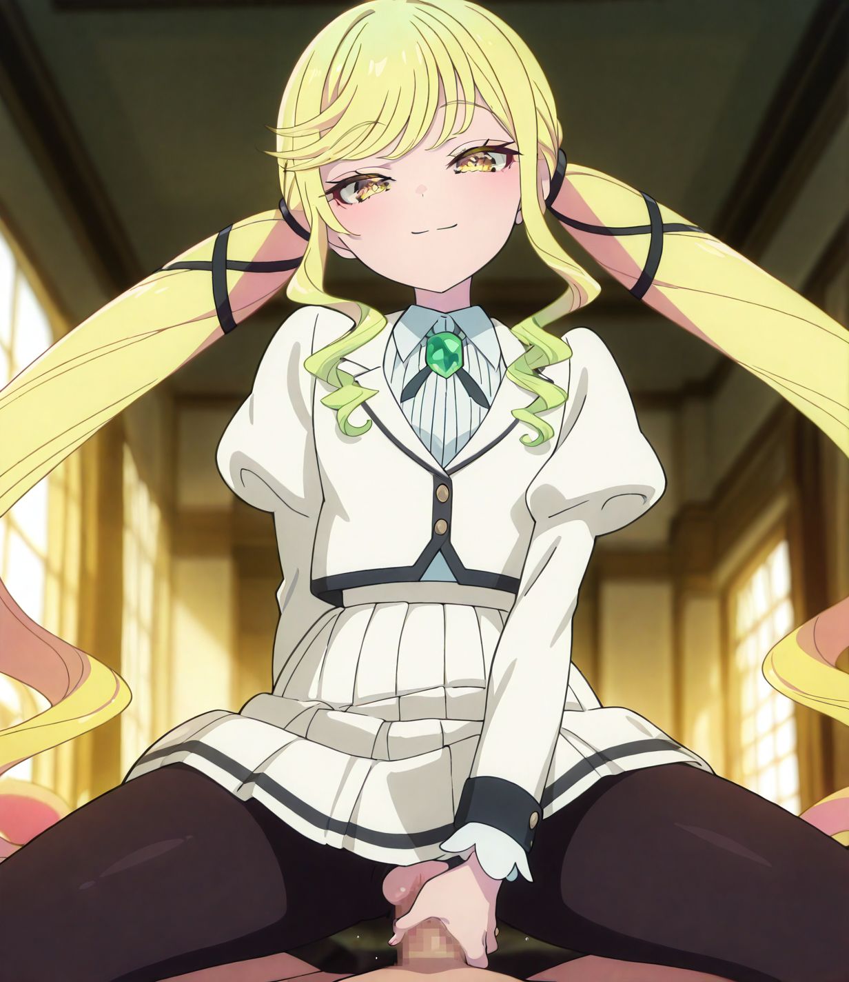masterpiece, best quality, newest, absurdres, highres, detailed eyes, beautiful, detailed background, perfect eyes, anime coloring, anime screencap,
<lora:add-detail-xl:0.5>
<lora:guided penetration_illustrious_V1.0:1> guided penetration, 1boy, penis, vaginal,grabbing penis,
<lora:Rock_Is_a_Ladys_Modesty:0.9> rock_ladyV1.
1girl,long hair, yellow eyes, 
blonde hair,twintails, white school uniform, 
smile,skirt,long sleeves,
pantyhose,brooch,r_ririsa,