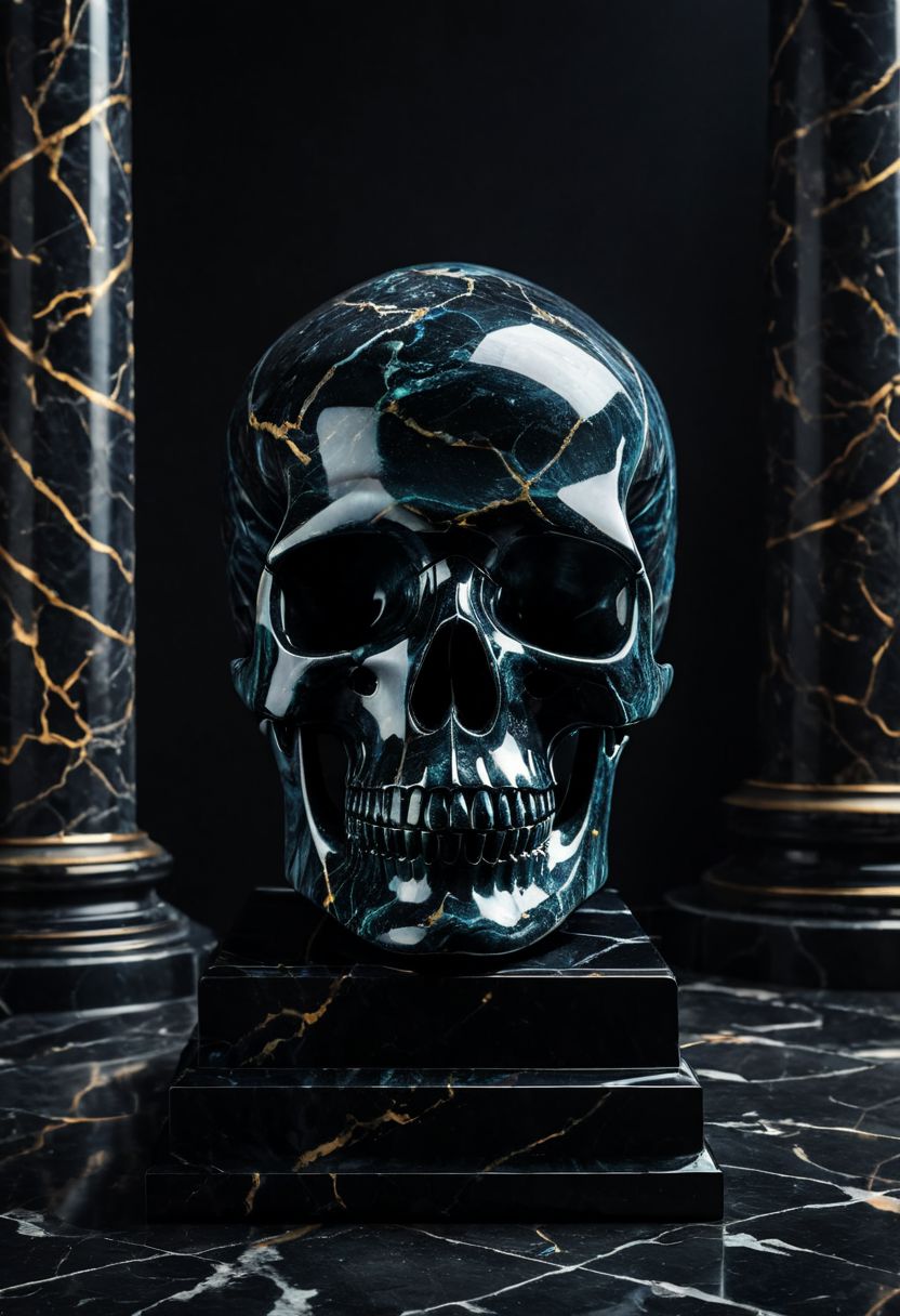 Fujifilm XT3, Sony A7 IV, (award winning photography) a (black: 0.89) marble skull made of opal (Kintsugi: 0.89) set on a pedestal in temple, glistening. in the background beautiful pillars, divine (iridescent: 0.79), opalescent textures, volumetric light, ethereal, sparkling, studio photo, highly detailed, sharp focus (highest quality: 1.39) (highest coherency: 1.39) (award winning photography), highly detailed photography, (muted colors, cinematic, dim colors, soothing tones:1.2), vibrant, insanely detailed, hyperdetailed, (dark shot:1.2), (vsco:0.3), (intricate details:0.9), (hdr, hyperdetailed:1.2) (vignette), sss, raw photo, fijifilm, kodak, cinematic film grain