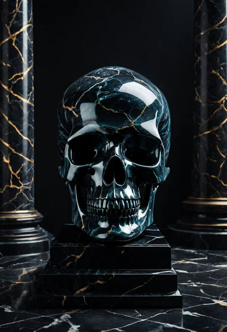 Fujifilm XT3, Sony A7 IV, (award winning photography) a (black: 0.89) marble skull made of opal (Kintsugi: 0.89) set on a pedestal in temple, glistening. in the background beautiful pillars, divine (iridescent: 0.79), opalescent textures, volumetric light, ethereal, sparkling, studio photo, highly detailed, sharp focus (highest quality: 1.39) (highest coherency: 1.39) (award winning photography), highly detailed photography, (muted colors, cinematic, dim colors, soothing tones:1.2), vibrant, insanely detailed, hyperdetailed, (dark shot:1.2), (vsco:0.3), (intricate details:0.9), (hdr, hyperdetailed:1.2) (vignette), sss, raw photo, fijifilm, kodak, cinematic film grain