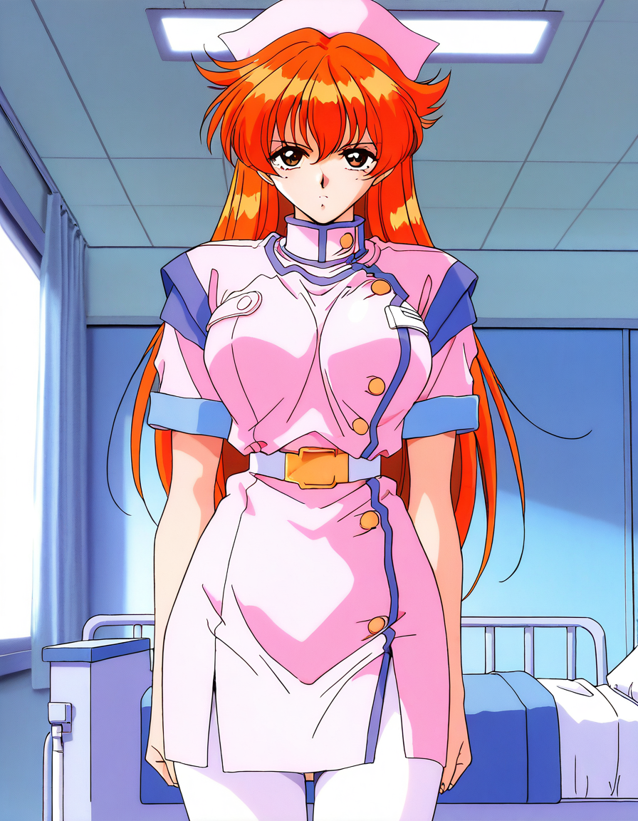 masterpiece, best quality, good quality, <lora:Nogiwa_Miho_OVA_IS:1>
Nogiwa_Miho_OVA, long hair, orange hair, bangs, brown eyes, large breasts, 1990s (style) 1girl, solo, nurse, hat, pantyhose, nurse cap, serious, hospital room, looking at viewer, white pantyhose, belt, short sleeves,
cross arms,