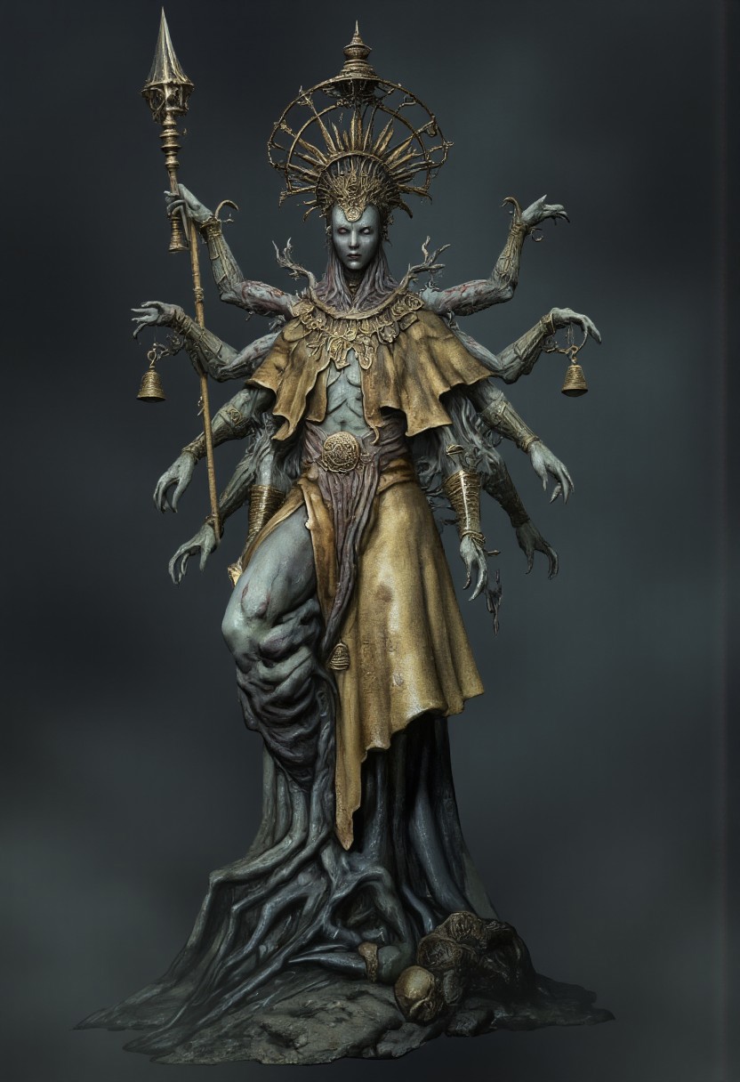 DGC style, MikeFranchinastyle, ghiblistyle, hkevil, berserk style, Surreal art, d4artstyle, d4concept, , bbstyle,, horror theme,, zbrush, ZBClay model of a gray sculpture
Set against a solid dark color background to emphasize its unnatural form and grotesque eerie and unsettling anatomy that emphasizes its silhouette. The medium is not a traditional painting or illustrative medium like watercolor or ink but rather a digital 3D rendering.
A majestic, otherworldly humanoid creature with a segmented, elongated body that transitions into a mass of dark, undulating tentacles. The figure is adorned with flowing golden robes that cascade to the ground, adding a sense of regal mysticism. Its back sprouts multiple organic, limb-like appendages, each carrying intricate ceremonial artifacts such as bells and ritualistic ornaments. The creature wields an ornate staff topped with sacred symbols, complementing its textured, alien-like skin etched with vein-like patterns. Its sharp, faceless head evokes a sense of both reverence and dread. Focus on intricate shapes, harmonious yet eerie details, and a balance of organic and celestial design elements.