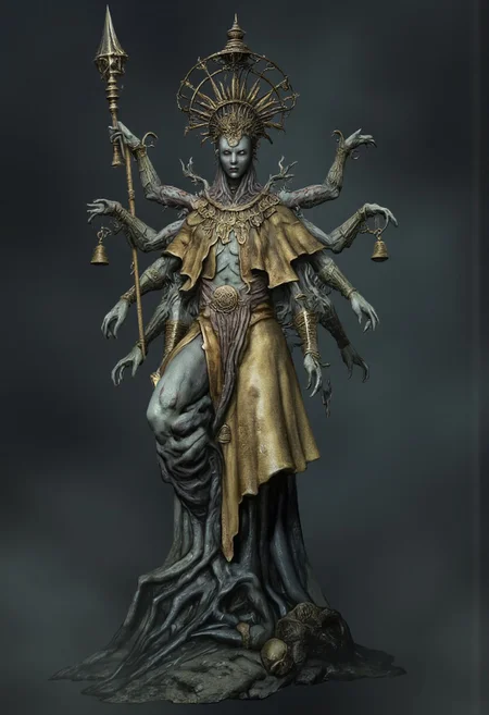 DGC style, MikeFranchinastyle, ghiblistyle, hkevil, berserk style, Surreal art, d4artstyle, d4concept, , bbstyle,, horror theme,, zbrush, ZBClay model of a gray sculpture
Set against a solid dark color background to emphasize its unnatural form and grotesque eerie and unsettling anatomy that emphasizes its silhouette. The medium is not a traditional painting or illustrative medium like watercolor or ink but rather a digital 3D rendering.
A majestic, otherworldly humanoid creature with a segmented, elongated body that transitions into a mass of dark, undulating tentacles. The figure is adorned with flowing golden robes that cascade to the ground, adding a sense of regal mysticism. Its back sprouts multiple organic, limb-like appendages, each carrying intricate ceremonial artifacts such as bells and ritualistic ornaments. The creature wields an ornate staff topped with sacred symbols, complementing its textured, alien-like skin etched with vein-like patterns. Its sharp, faceless head evokes a sense of both reverence and dread. Focus on intricate shapes, harmonious yet eerie details, and a balance of organic and celestial design elements.