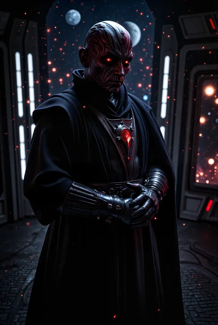 A hyper-realistic portrait, photorealistic photo close-up image of On the bridge of a massive Sith dreadnought, a Sith Lord in sithoutfit with dark, weathered skin and glowing crimson eyes stands at the helm, his hands clasped behind his back as he gazes out at the stars. His sleek black armor, polished to a mirror finish, gleams under the harsh lights of the command center, while the faint red glow of his lightsaber hilt pulses at his side. The ship hums with dark energy, its engines rumbling like a distant storm as it cuts through the vacuum of space, an unstoppable force of destruction. The Sithâs face is etched with cold, calculating precision, his gaze fixed on the distant planet that is slowly growing larger on the viewscreen. Behind him, officers and acolytes move with nervous efficiency, their fear of the dark lord palpable in the tense atmosphere of the bridge. The distant stars flicker and die as the shipâs massive shadow passes over them, casting the universe in darkness. His voice, low and commanding, echoes through the bridge as he issues the final order to unleash the shipâs devastating superweapon. Outside the viewport, the planet trembles as the weapon powers up, its surface beginning to crack and buckle under the sheer power of the Sith. (photography, high-resolution, dynamic, energetic,hyper-realistic, dramatic lighting, shallow depth of field.), detailmaximizer, MythP0rt<lora:midjourney_whisper_flux_lora_v01:0.55><lora:aidmaMJ6.1-FLUX-V0.1:0.4><lora:FluxMythP0rtr4itStyle:0.4><lora:detailed_flux_ntc:2.2><lora:aidmaImageUpgrader-FLUX-V0.1:0.65><lora:SITH_FLUX:1.1>