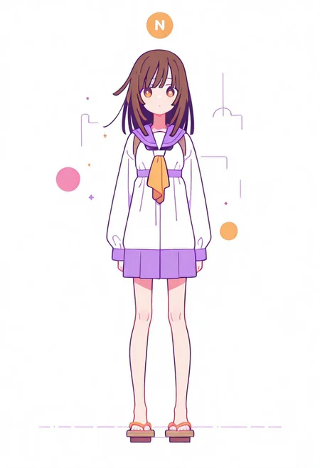 Flatline, Flat vector illustration, looking at viewer, full_body,
nadeko, long hair, long bangs, brown hair, school_uniform, sailor,
slim, slender, knees, long legs, beautiful legs, barefoot, geta wooden sandals,
from front, front view, straight-on, look at viewer, standing, (legs apart:1.4),
white background,