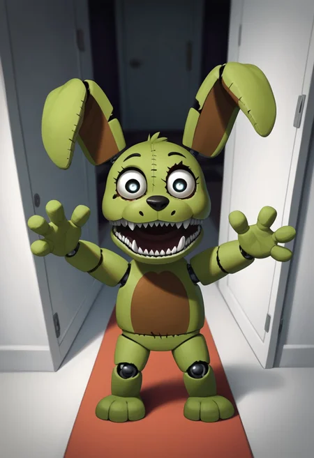 score_9, score_8_up, score_7_up, solo male, from above, high-angle view, pov, PlushtrapFNAF, rabbit ears, scut tail, teeth, sharp teeth, wear and tear, green skin, petite, barefoot, 4 fingers, perfect hands, (large head:1.1), shortstack, small body, sharp teeth, fuzzy, plush body, seam \(sewing\), stitch \(sewing\), animatronic, glowing eyes, crooked whiskers, ragged, withered,
masterpiece, detailed face, looking at viewer, smile, open mouth, nervous, knock-kneed, cocked head, zPDXL3, dark hallway, inside, nighttime, raised arms, hands up, reaching towards viewer, hallway, carpet, chair, standing, living plushie, shadowy, detailed background, 3 toes, dutch angle,