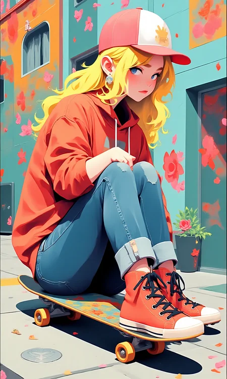 a retro image of a blonde headed girl. she is sitting on a skateboard on the side walk, wearing high top shoes and worn jeans. she is also wearing a flatbill hat backwards. type of art is street art