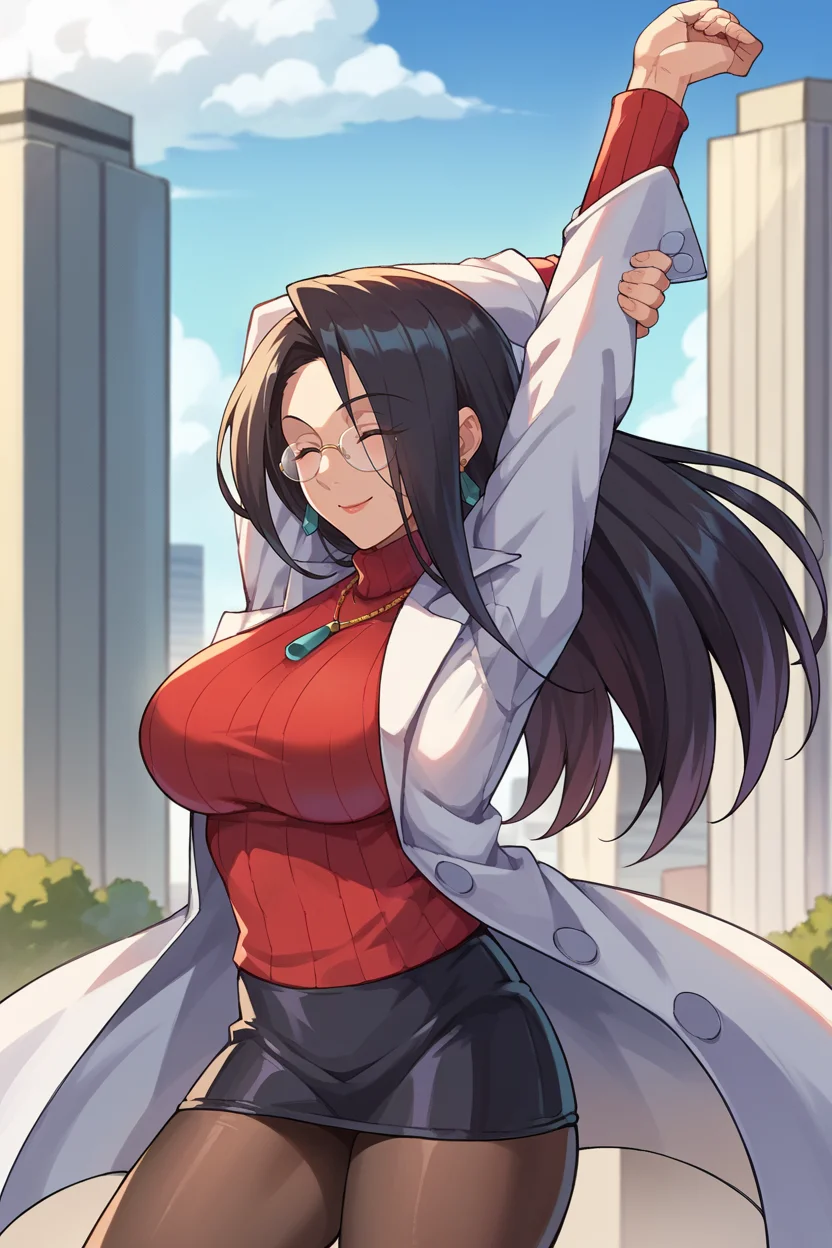 score_9, score_8_up, score_7_up, score_6_up, source_anime, BREAK 1girl, solo, <lora:mkyouko-pdxl-nvwls-v1-000005:1> mkyouko, black hair, glasses, earrings, labcoat, necklace, red sweater, turtleneck, black miniskirt, pantyhose, stretching, closed eyes, smile, arms up, blue sky, cityscape, large breasts