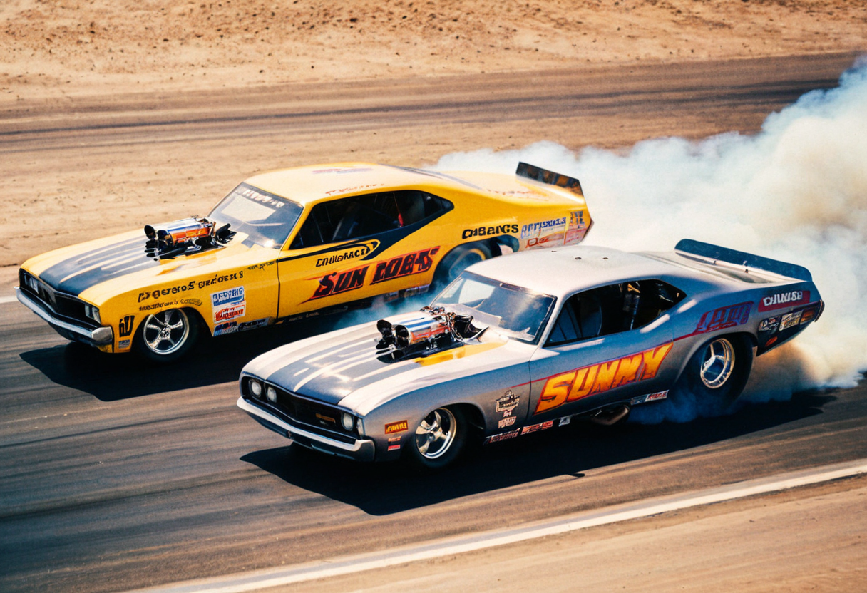 ClassicMuscleCar, ((multiple dragsters racing)), front side view, sunny, desert, smoke trail, aerial view, motion blur, 4K, highly detailed, (stylish grainy analog 35mm film photo)