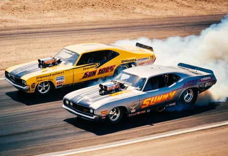 ClassicMuscleCar, ((multiple dragsters racing)), front side view, sunny, desert, smoke trail, aerial view, motion blur, 4K, highly detailed, (stylish grainy analog 35mm film photo)