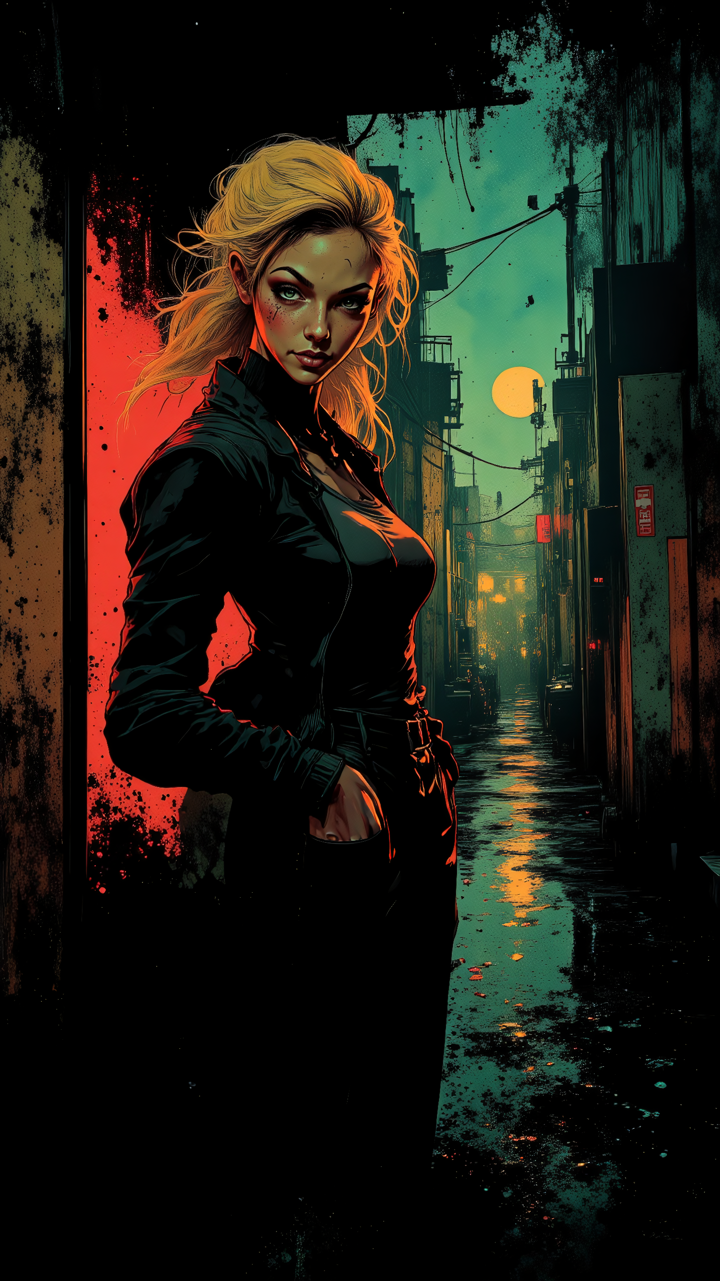 Dave McKean Style, dimly lit back alley, soft neon reflections, cute realistic woman, long wavy blonde hair, cropped jacket, fitted tank top, confident smirk, hands in pockets, graffiti-covered walls, distant city lights, mist rising, <lora:Inkpunk_Flux:0.5> <lora:Vibrantly_Dark_style_v.1:0.6> <lora:DaveMcKeanStyle:1.3>