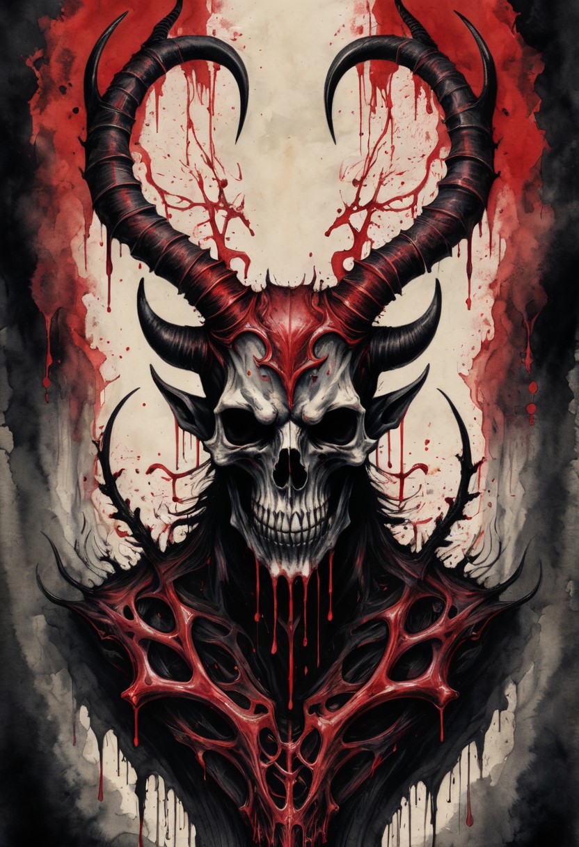 a nightmare, an evil creature, (horns, bones), detailed, high resolution, eerie, atmospheric, foreboding, linquivera, (black and red ink:1.6), dripping ink, symmetrical