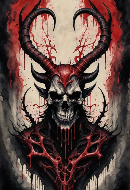 a nightmare, an evil creature, (horns, bones), detailed, high resolution, eerie, atmospheric, foreboding, linquivera, (black and red ink:1.6), dripping ink, symmetrical