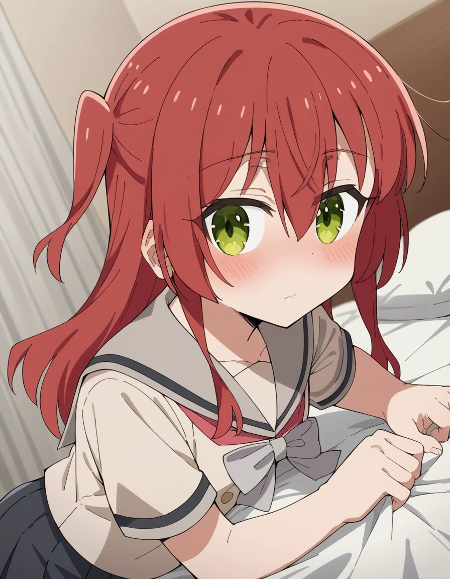 score_9, score_8_up, score_7_up, source_anime,
kitaikuyo, <lora:ikuyo-kita-s1-ponyxl-lora-nochekaiser:1>,
ikuyo kita, green eyes, hair between eyes, long hair, one side up, red hair,
black skirt, grey sailor collar, pleated skirt, sailor collar, school uniform, short sleeves, shuka high school uniform, skirt,
indoors, bed, bed room, on side, blush, drunk,
cowboy shot, solo, dutch angle, looking at viewer,