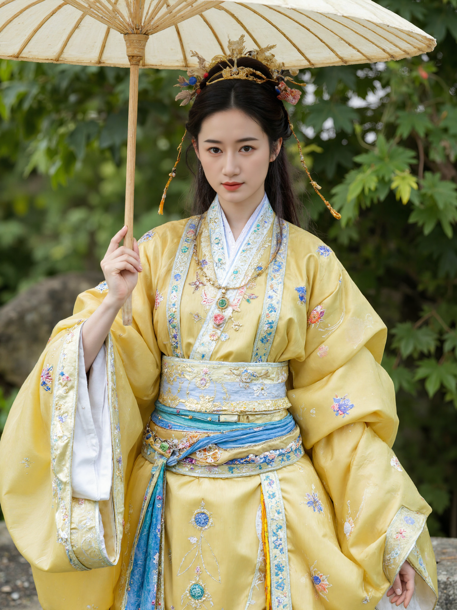 This is a high-resolution photograph featuring a young Asian woman in traditional Chinese attire. She stands in a natural outdoor setting, surrounded by blurred greenery, suggesting a park or garden. The woman, with fair skin and delicate features, wears an elaborate, flowing yellow and blue silk robe adorned with intricate embroidery and gold accents. Her hair is styled in an elegant updo, with ornate hairpieces and jade accessories. She holds a large, traditional Chinese parasol above her head, adding a sense of grace and historical authenticity. The lighting is soft and natural, enhancing the serene and picturesque ambiance. The camera angle is at eye level, capturing her full figure and the detailed textures of her clothing. The composition follows the rule of thirds, with the woman positioned slightly off-center, drawing the viewer's eye naturally across the image.