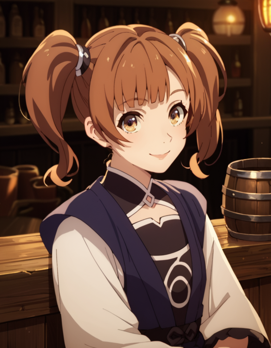 score_9, score_8_up, score_7_up, score_6_up, score_5_up, score_4_up, source_anime,  Kazuki, brown hair, twintails,  portrait, sitting, tavern, smile