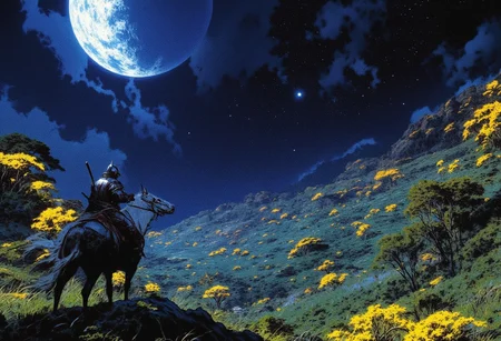 The image features a character mounted on a horse in a lush, grassy landscape under a starry night sky. The moon is large and prominent, illuminating the scene. Scattered throughout the area are glowing yellow trees, adding a mystical ambiance. The character is wearing armor, suggesting they are a warrior or knight, and the overall atmosphere conveys a sense of adventure and exploration typical of fantasy video games. The scenery blends elements of nature with an otherworldly vibe, characteristic of expansive open-world environments.