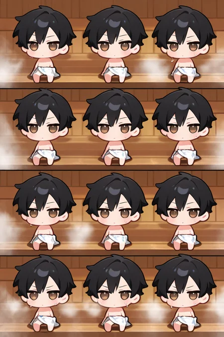 masterpiece, best quality, amazing quality, very aesthetic, high resolution, ultra-detailed, absurdres, newest, BREAK, male, male focus, (((chibi body, chibi head))), BREAK, brown eyes, short hair, black hair, bangs, BREAK, towel around waist, sauna, steam, sweat, looking at viewer, multi boys, multi stickers