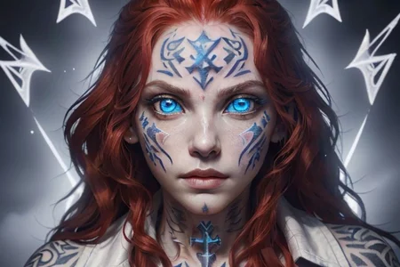 bright red hair, human female, (feminine:1.7), (beautiful face, detailed face:1.6), (beautiful eyes, detailed eyes:1.7), (looking at viewer, eye contact, intense:1.6), (long hair, red hair, curly hair:1.3), , ((masterpiece, best quality, high resolution, realistic, best quality,)), photo realistic, Perfect Face, (detailed face). <lora:GoodHands-vanilla:0.6> <lora:add-detail-xl:0.8>, mage, (Dress White military uniform coat), dagger, rune dagger, glowing runes, , (((glowing magic symbols tattoos, religious tattoos))), ((face tattoos)), glowing tattoos, stone tower in the background