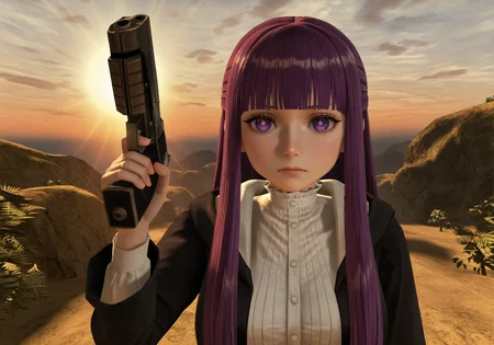 masterpiece, realistic, scenery, sunset, clouds, sun beams, lens flare,1girl, solo, fern \(sousou no frieren)\, purple hair, long hair, purple eyes, bright pupils, blunt bangs, striped dress, white dress, black robe, open robe, hood down, frilled collar, (holding handgun:1.3), serious expression, upper body close-up, slightly off-center angle, soft foggy lighting, <lora:POSTAL_2_Style_Lora_V1.0_ILXL_DIM16_E10:1> <lora:dmd2_sdxl_4step_lora:1>