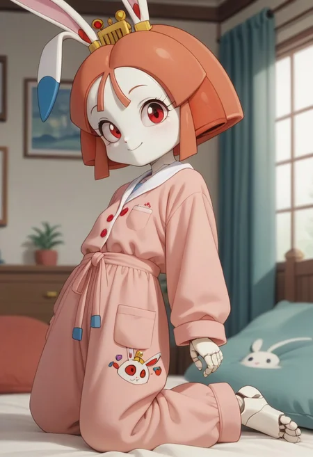 1girl, solo, (Tokugawa Usako, rabbit girl, white skin, ((android)), doll joints, petite), score_9, score_8_up, score_7_up, score_6_up, score_5_up, score_4_up, chibi, short legs, rabbit tall, looking at viewer, 3/4 side view, slightly smil, small breasts, thin waist, smile, red eyes, blurry background, out of focus, Expressiveh, looks at the viewer, jyojifuku, pajamas, baggy pajama pants,